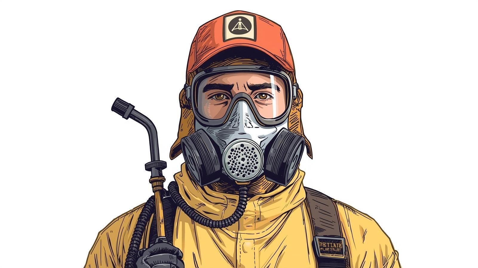 a trustworhty pest controller, a realistic drawing, with masks and pesticide equipment
